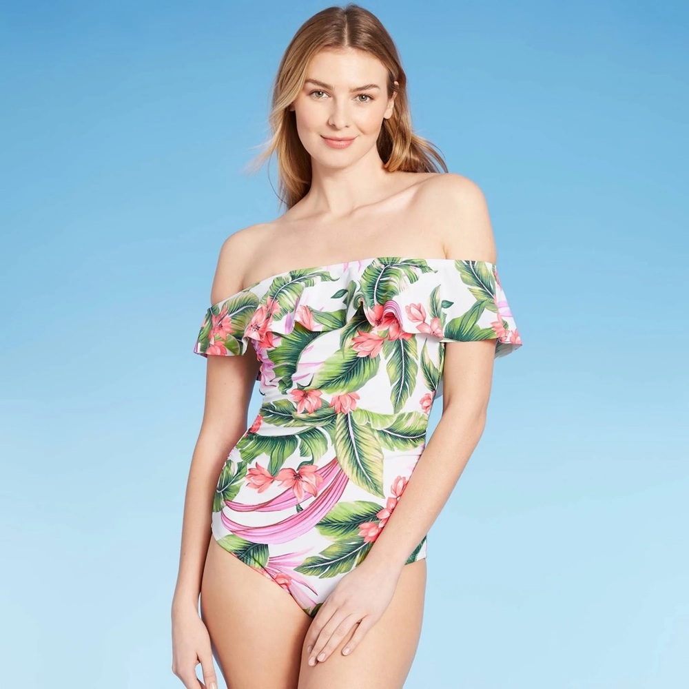 Kona Sol Swim Women's Off Shoulder Flounce High Coverage One Piece Swimsuit
